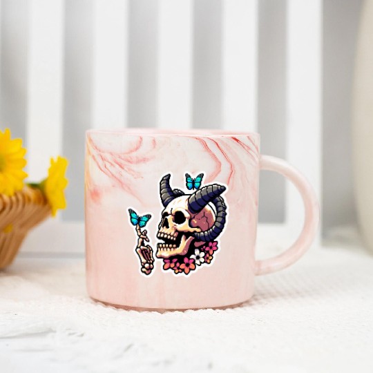 Pixel Art Horned Skull enjoy the butterflies Marble Mugs
