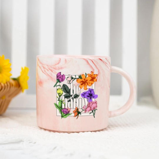 Be Happy greeting on blooming garden flowers Marble Mugs