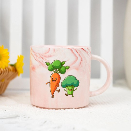 Carrot Dancing with Broccoli Marble Mugs
