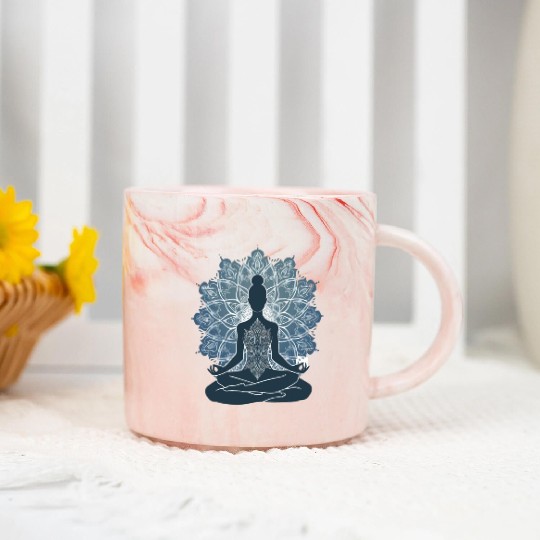 Serene Silhouette: Yoga Pose with Mandala Essence Marble Mugs