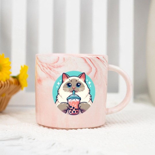 Siamese cat having bubble tea Marble Mugs