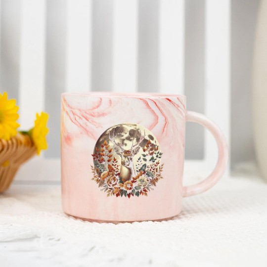 Cottagecore Deer With Flowers In front Of Moon Marble Mugs