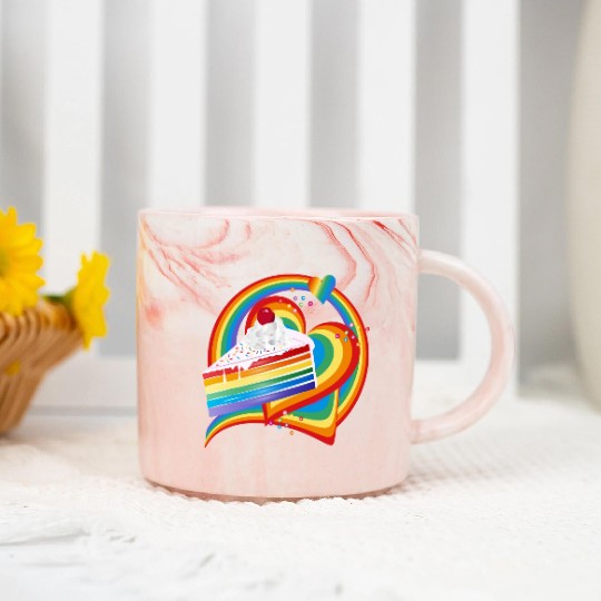 Piece of rainbow cake with cream and cherry Marble Mugs