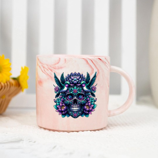Unique Skull Print with Colorful Floral And Birds Marble Mugs