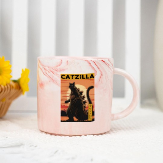 Catzilla Vintage Funny Cute Cat Art Japanese Sunse Marble Mugs