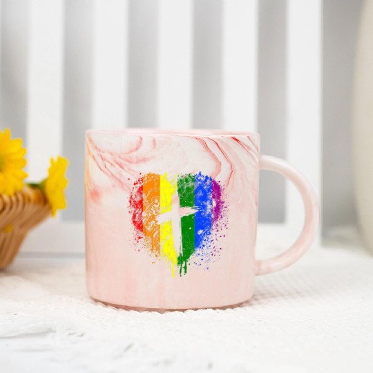 Rainbow Heart with Cross Gay Pride LGBT Christian Marble Mugs