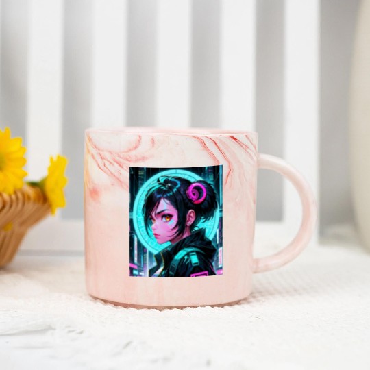 Beautiful Cyberpunk Girl Aesthetic Anime Marble Mugs