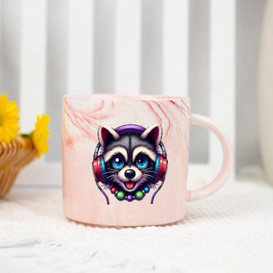 Colorful Raccoon Headphones Graphic Music Lover Marble Mugs