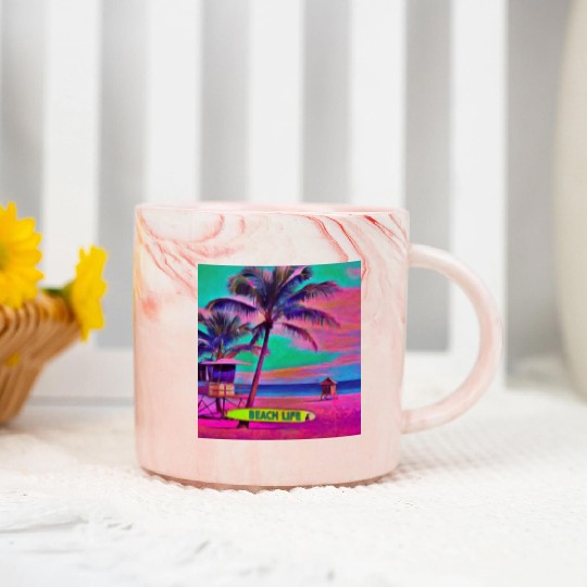 Neon Beach Life Scene 90's Vibes - Surfboard, Sand Marble Mugs