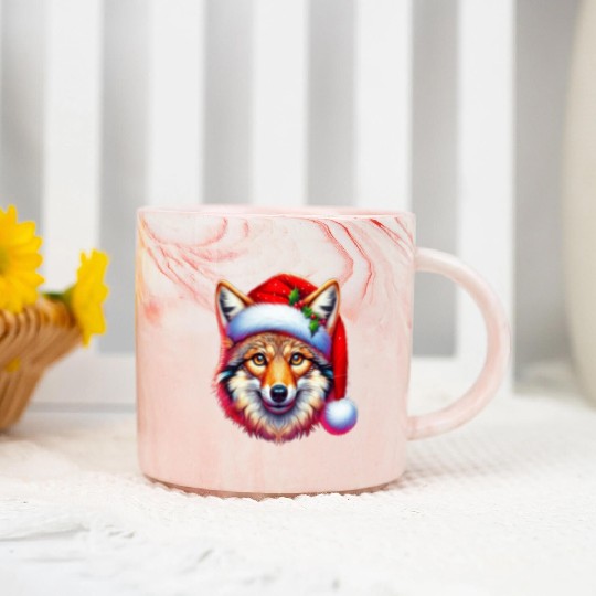 Christmas Coyote Art Red Santa hat Animal Lovers Marble Mugs