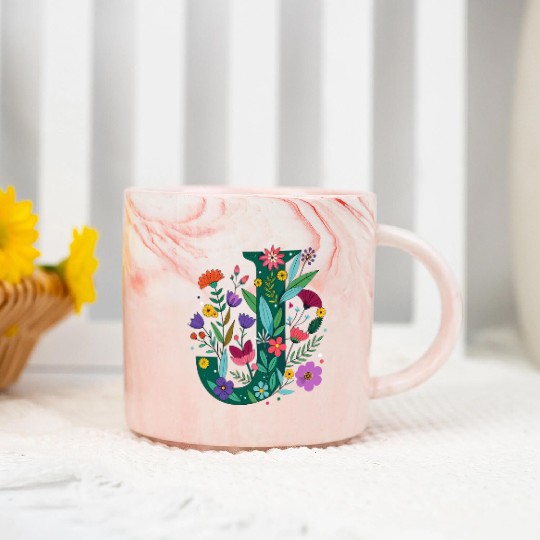Individual Alphabet Wildflower Green Letter J Marble Mugs