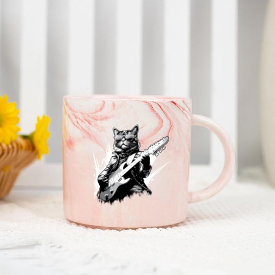 Love Rocker Cat Playing Guitar Music Musician Marble Mugs