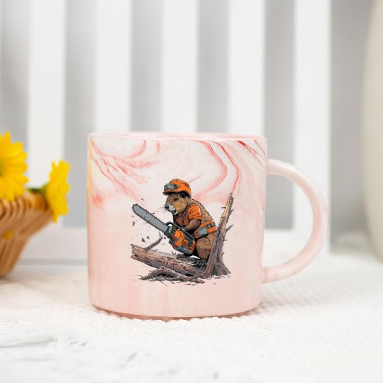 Beaver Lumberjack Chainsaw Marble Mugs