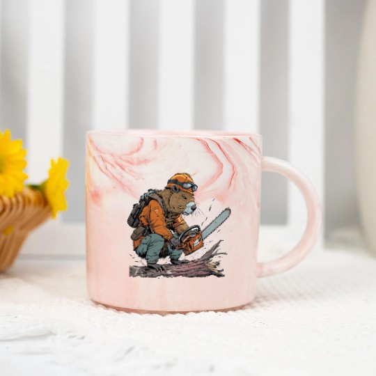 Beaver Lumberjack Chainsaw Marble Mugs