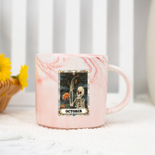 October Gothic Tarot Card - Marigold Flower & Skel Marble Mugs