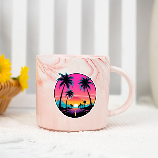 Beach road sunset driving on a lonely road. Marble Mugs