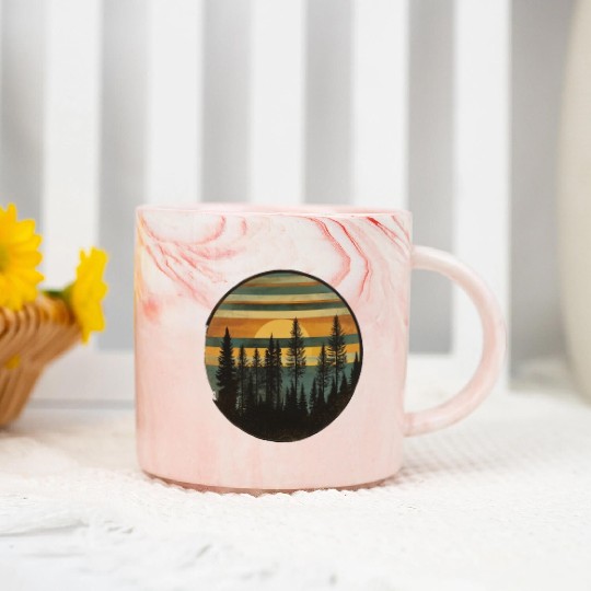 Sunset Forest Nature Outdoors Retro 80s Vibe 3 Marble Mugs
