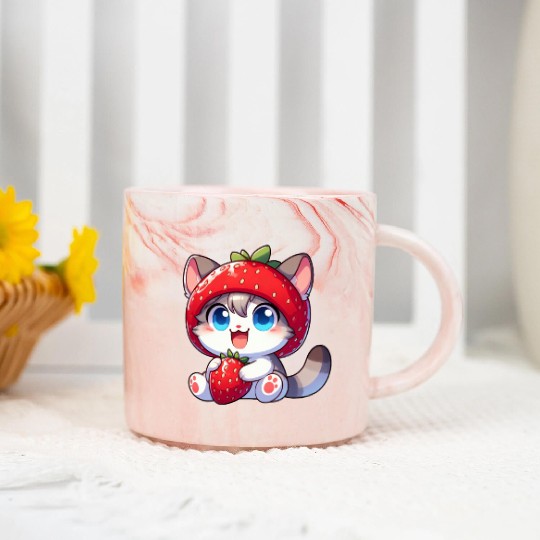 Cute Cat Strawberry Fruit Hat Quirky Marble Mugs