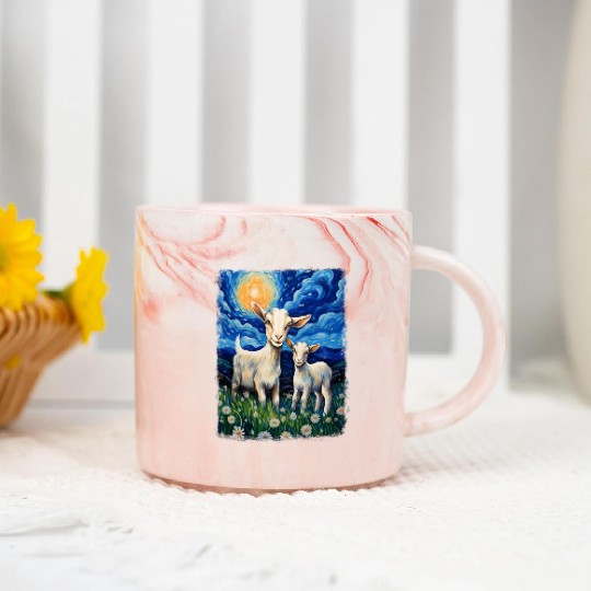Goats Farm Animals Farmer Starry Night Painting Marble Mugs
