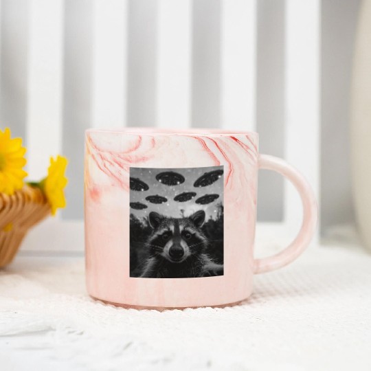 Funny Graphic Marble Mugs Raccoon Selfie with UFOs Weird