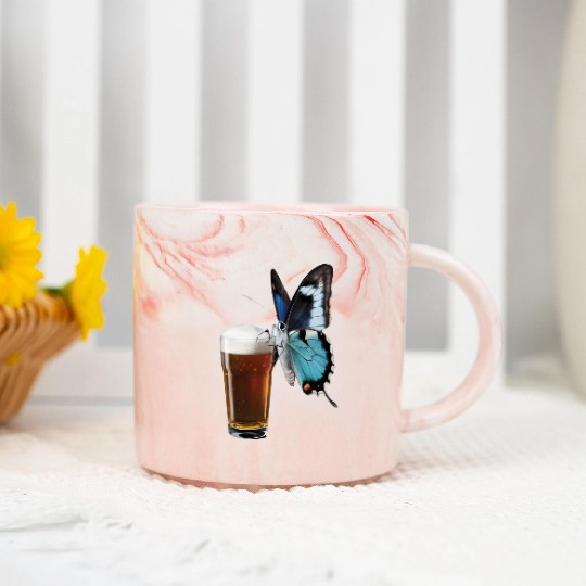 Butterfly Drinking Beer Realistic Marble Mugs