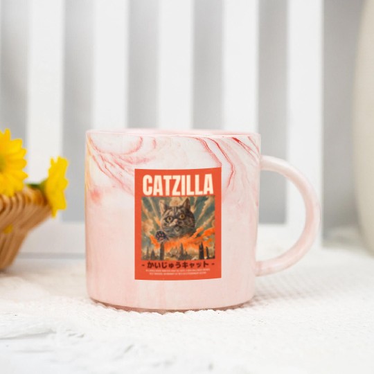 Catzilla Vintage Japanese Funny Angry Cat Marble Mugs