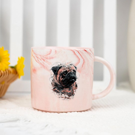Pug Drawing Abstract Animal Illustration with Marble Mugs