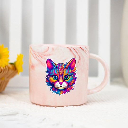 Psychedelic Cat - Groovy Neon Feline Marble Mugs