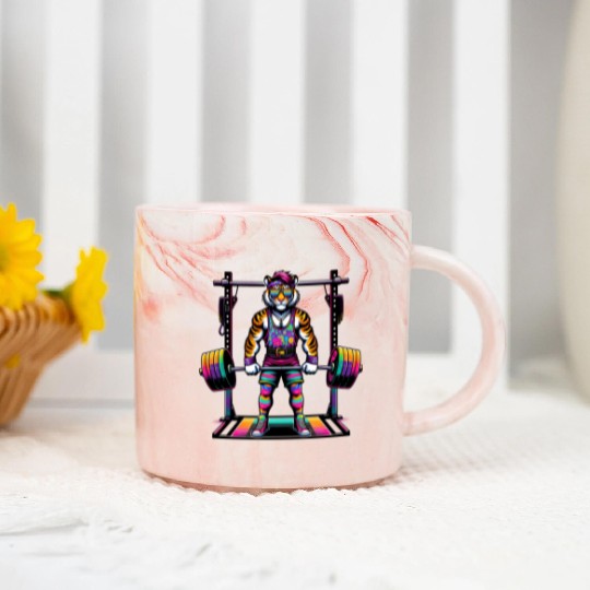 Muscular Rainbow Tiger Deadlifting Marble Mugs