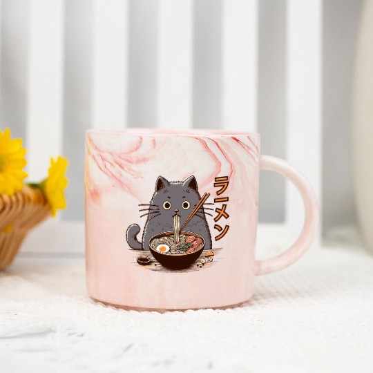 Japanese Cat Eating Ramen Marble Mugs