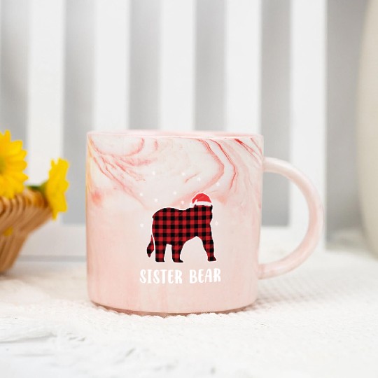 Red Plaid Bear Christmas Pajama Sister Matching Marble Mugs