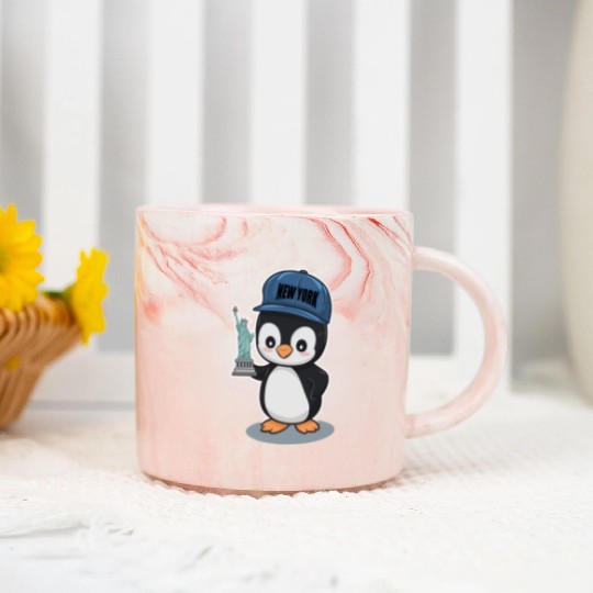 New York Penguin Holding Statue Of Liberty Marble Mugs