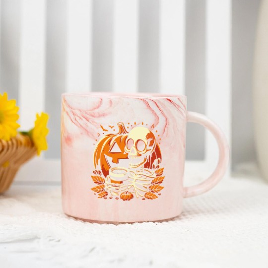 Coffee Drinking Skeleton Pumpkin Halloween Costume Marble Mugs