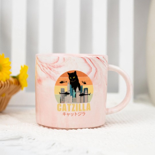 Retro Vintage Catzilla Japanese Cute Cat Lover Marble Mugs