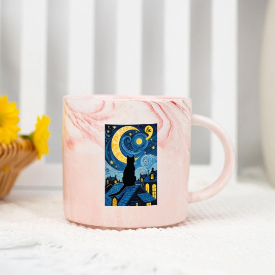 Halloween Starry Night Black Cat Comma La Harris Marble Mugs