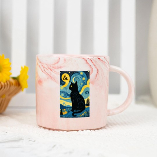 Halloween Starry Night Black Cat Comma La Harris Marble Mugs
