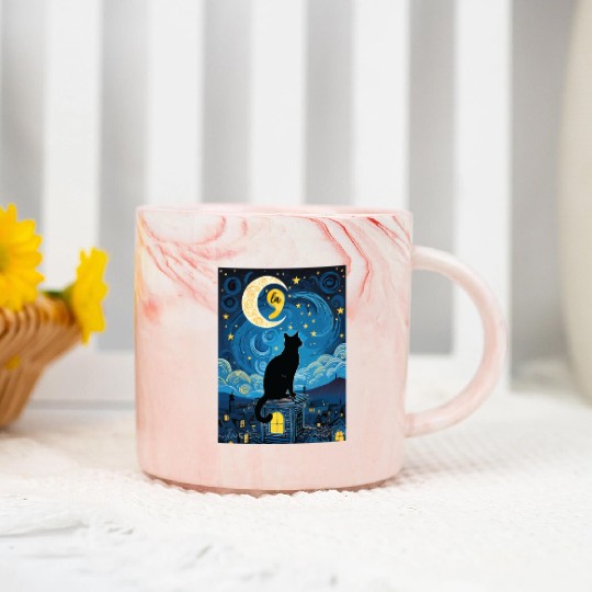 Halloween Starry Night Black Cat Comma La Harris Marble Mugs