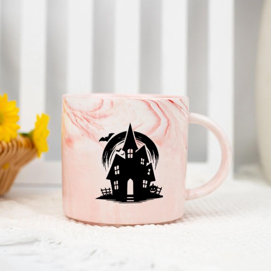 Bat Full Moon Haunted House Halloween Tattoo Marble Mugs