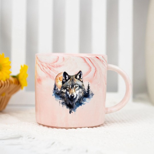 Wolf Portrait Under Full Moon Design Marble Mugs