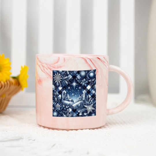 flannel blue and white christmas Marble Mugs