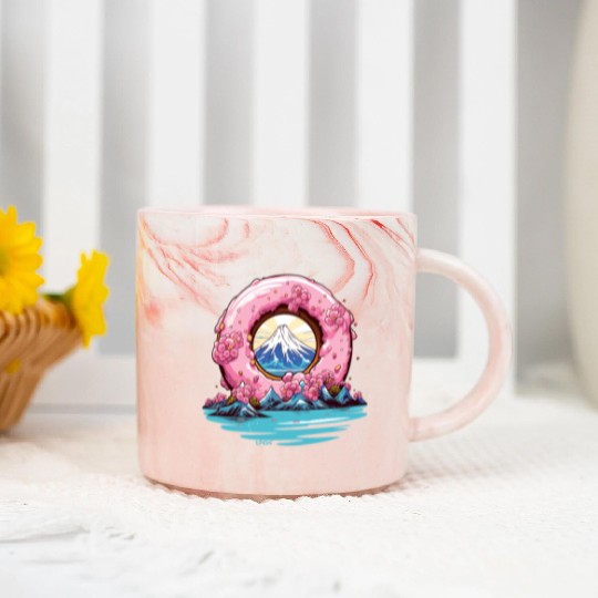 Japan Sakura Blossom Mount Fuji Donut Marble Mugs