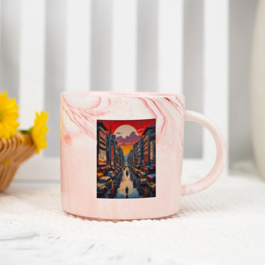 Twilight Reflections in Neon City Marble Mugs