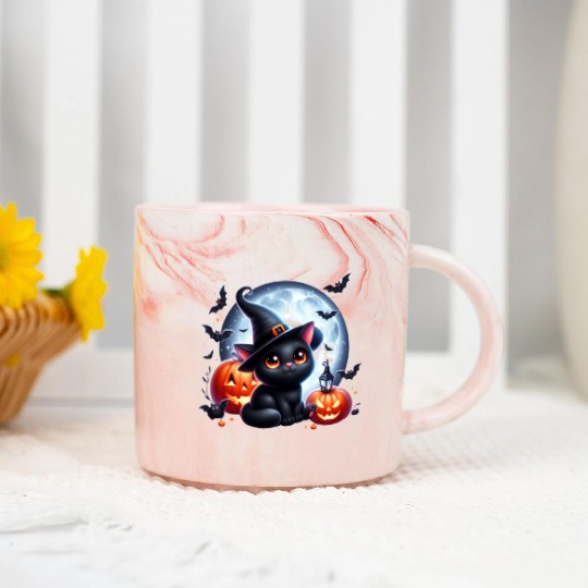 Vintage Halloween Black Cat Marble Mugs