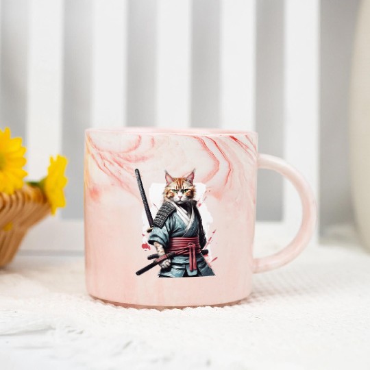 Fearless Samurai Cat Marble Mugs