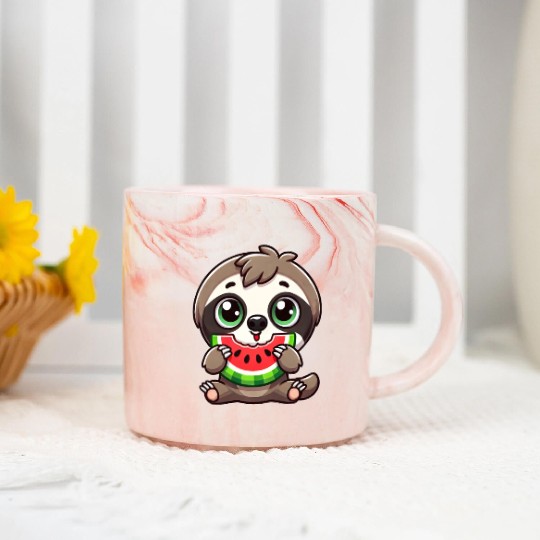 Sloth with watermelon cartoon summer vibes Marble Mugs