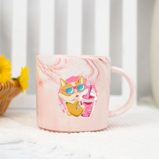 Kitten Kawaii Boba Milk Tea Drinking Cat Marble Mugs
