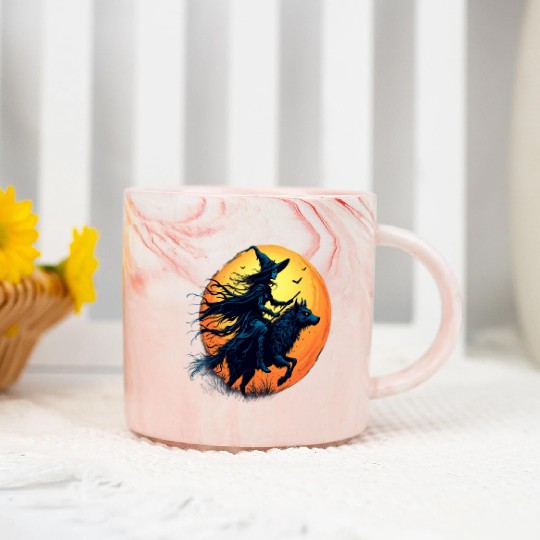 Halloween Witch Riding a Wolf Under Full Moon Marble Mugs