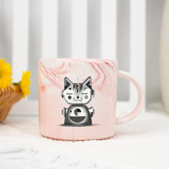 Geometric Robot Cat - Creative Illustration Marble Mugs