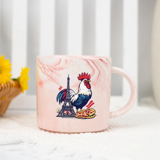 French Pride: Rooster with Eiffel Tower and Pizza Marble Mugs