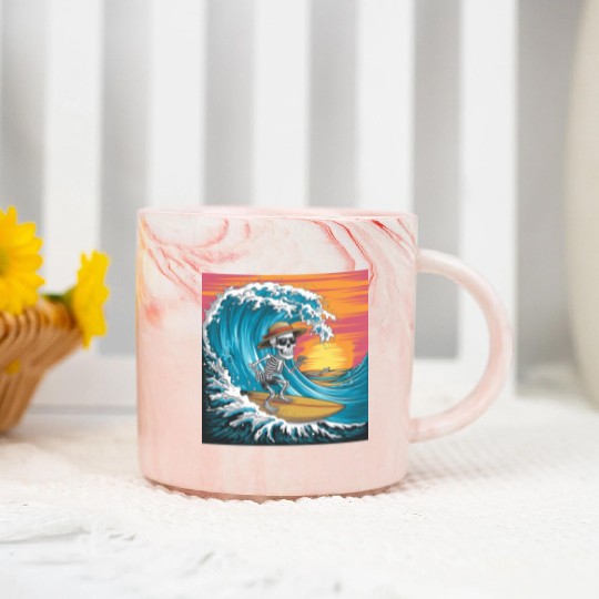 Surfing Skeleton Vibes Surfing Lifestyle Retro Marble Mugs